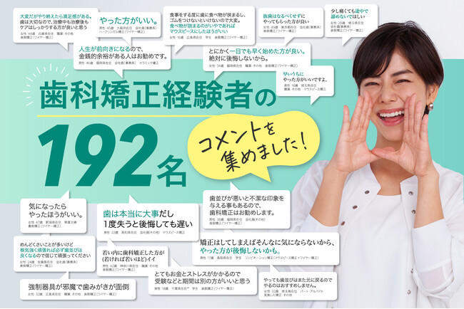 歯科矯正経験者192名からのアドバイスを集めました「若いうちにやった方がいい」「歯は1度失うと後悔しても遅い」「人生が前向きになる」歯科矯正を実施するなら1日でも早く！