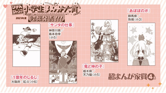 小学生限定の「りぼん×ジャンプ 小学生まんが大賞」（2023年度）の受賞作品が、8/2(金)より「りぼん」「少年ジャンプ＋」「最強ジャンプ」に掲載。2024年度の募集もスタート！