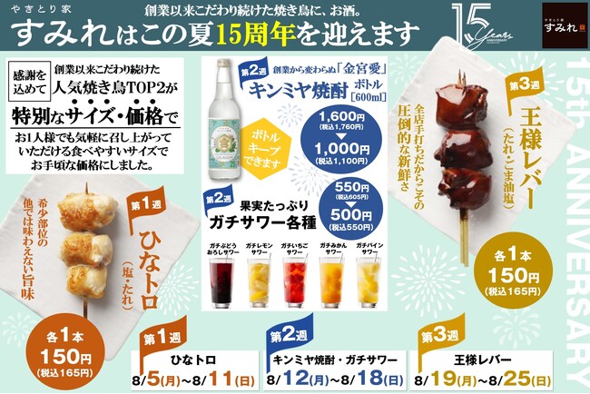 やきとり家すみれ 15周年記念！8月5日（月）から週替わりでキャンペーン実施。ひなトロと王様レバーが特別サイズでお手頃価格に！さらにキンミヤ焼酎もお得！