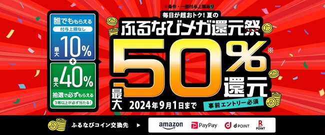 最大50％分の「ふるなびコイン」が還元されるキャンペーン「ふるなびメガ還元祭」を開始！