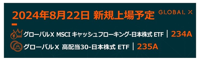 「グローバルX MSCIキャッシュフローキング-日本株式ETF」（234A）と「グローバルX 高配当30-日本株式ETF」（235A）が 東京証券取引所より上場承認