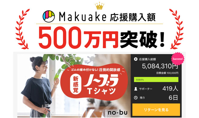 Makuakeで応援購入金額500万円達成！ 8月7日まで実施。素肌に一枚で着られる締め付けフリーのブラレスウェア「no-bu」