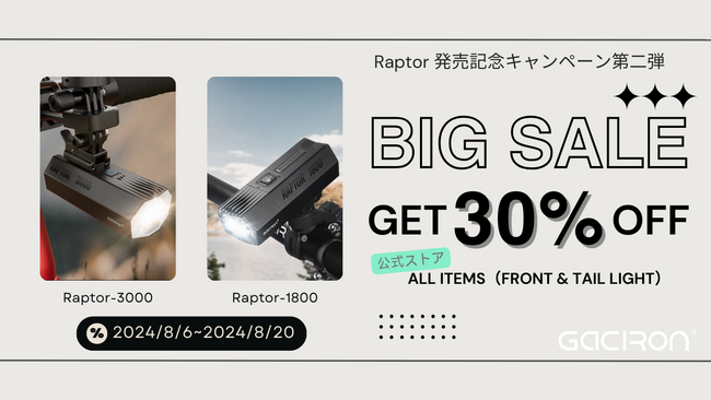 自転車ライトの『Gaciron』、Raptor発売キャンペーン第二弾！　8/6よりフロントライト、リアライト30％OFFセールの実施