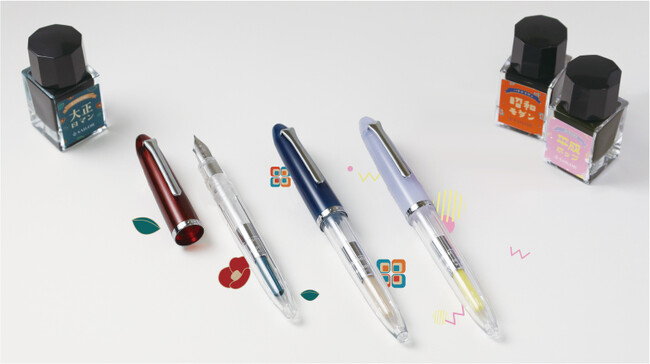 これ1つですぐに始められる、万年筆とコンバーターとミニボトルインクのセット！　『プロフィットJr.+10 レトロ』『10×3 レトロ 万年筆用ボトルインク10ml 3色セット』