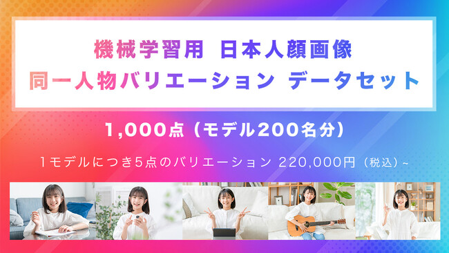 機械学習用「日本人顔画像　同一人物バリエーションデータセット」販売開始 ～日本人200名分！計1000点の画像データを22万円、最短2営業日で提供～