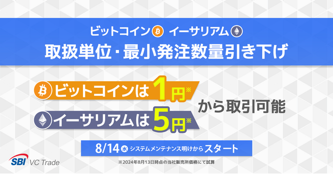 ビットコイン（BTC）とイーサリアム（ETH）、取扱単位・最小発注数量引き下げのお知らせ～ビットコインは1円※から、イーサリアムは5円※から取引可能に～