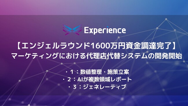 (株) Experienceがエンジェルラウンド1600万円を調達 - マーケティングの数値整理・施策立案・レポーティング・施策の生成を一気通貫で行う広告代理店代替システムの開発を開始