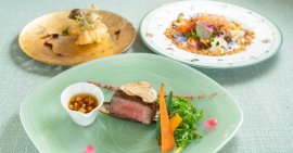 ▲椚座牛や紅葉鯛、名残り鱧など、淡路島の秋の旬食材を使用したフレンチコース ▲椚座牛や紅葉鯛、名残り鱧など、淡路島の秋の旬食材を使用したフレンチコース