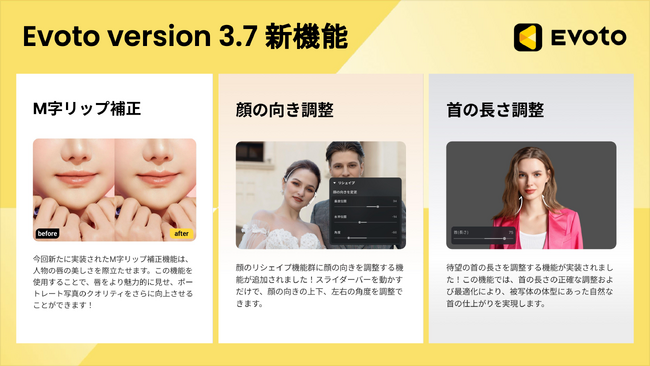 AIレタッチソフト「Evoto」、M字リップ補正など9つの新機能を追加した新バージョン3.7を提供開始