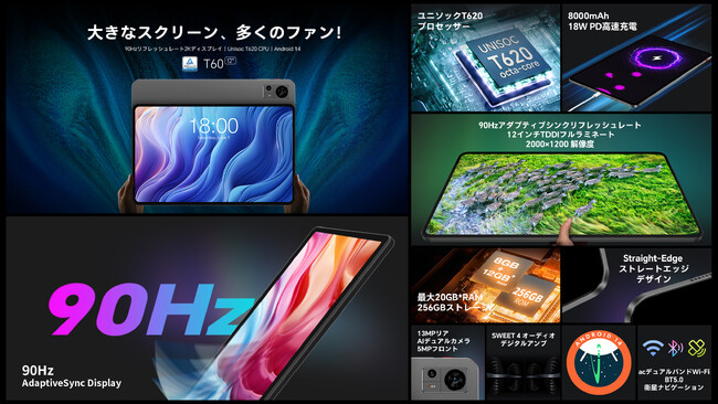 新品登場！Teclast上位Android 14タブレット「T60」アップグレード版発売！12インチ、90Hzのリフレッシュレートでよりスムーズな視覚体験をGET！