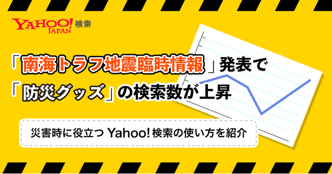 【Yahoo!検索】「南海トラフ地震臨時情報」発表で「防災グッズ」の検索数が前週比約90倍、翌9日は約155倍に　Yahoo!検索、災害時の情報収集や防災に役立つ検索方法を紹介