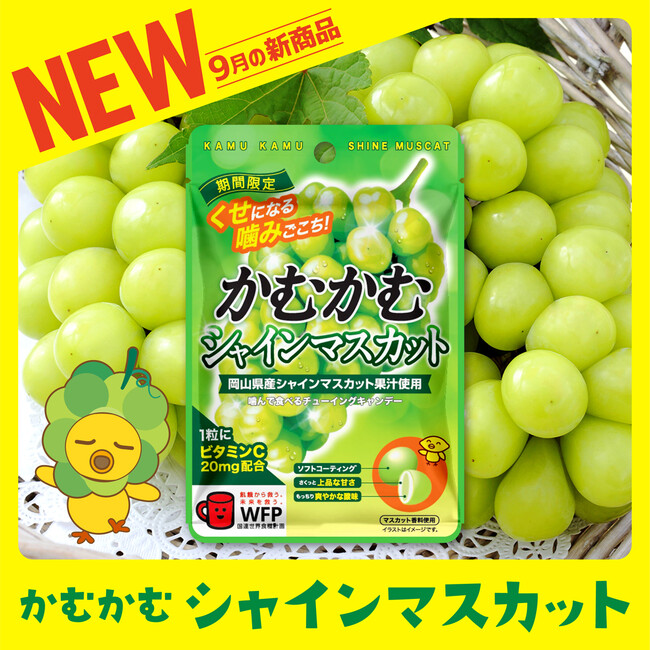 大人気の「かむかむ シャインマスカット」が今年も登場！上品な甘さと爽やかな酸味のバランスが良い、フレッシュ感溢れる商品に仕上がりました。9月から半年限定販売です！