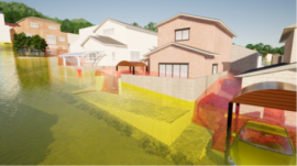 仮想空間で再現した土石流(黄色が警戒区域、赤色が危険区域。透過で、埋もれた部分を分かりやすくしています)©Lagrof design&technology 仮想空間で再現した土石流(黄色が警戒区域、赤色が危険区域。透過で、埋もれた部分を分かりやすくしています)©Lagrof design&technology