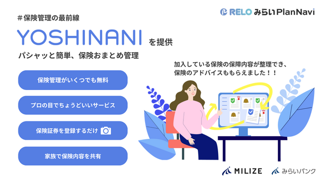 AIとFintechのMILIZEとみらいバンクは、リロ・フィナンシャルの企業従業員向け金融総合情報サイト「RELOみらいPlanNavi」に新しい保険見直しサービス「YOSHINANI」を提供