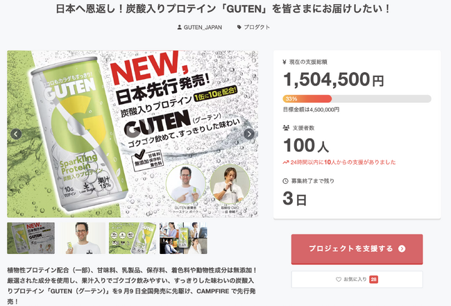 プロテイン入り炭酸飲料「GUTEN」についてのクラウドファンディング／サポート100人突破のご報告・さらなるご支援のお願い