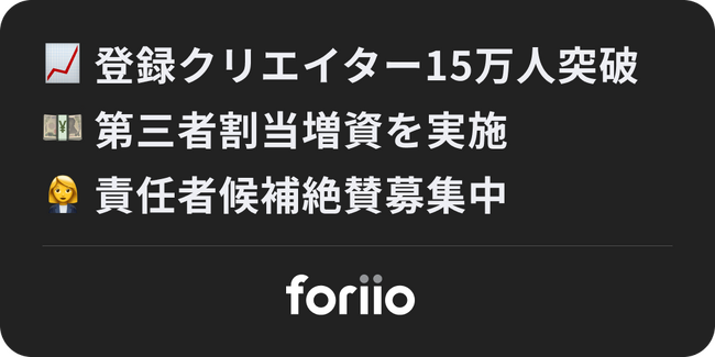 15万人のクリエイターが登録する国内最大級のクリエイター向けポートフォリオサービス「foriio」が、株式会社ヤマハミュージックエンターテイメントホールディングス等を引受先とする第三者割当増資を実施