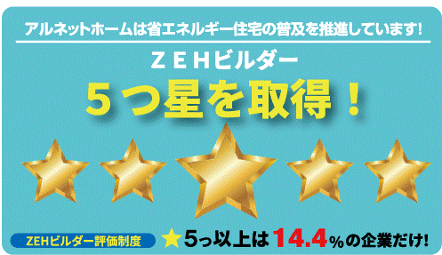 【アルネットホーム】ZEHビルダー評価制度において5つ星ビルダーを獲得！