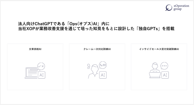 XOP、文章添削AI・クレーム一次対応訓練AI・インサイドセールス受付突破訓練AIをリリース。法人向けChatGPT「OpsAI」内に搭載。