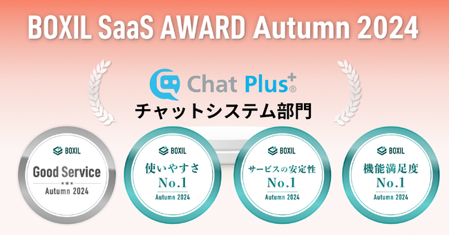 AIチャットボットの「ChatPlus（チャットプラス）」、「BOXIL SaaS AWARD Autumn 2024」のチャットシステム部門で4つの賞を受賞