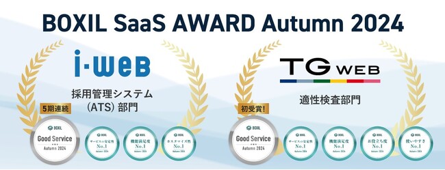 採用管理システム『i-web』、適性検査『TG-WEB』が、「BOXIL SaaS AWARD Autumn 2024」Good Serviceをダブル受賞！
