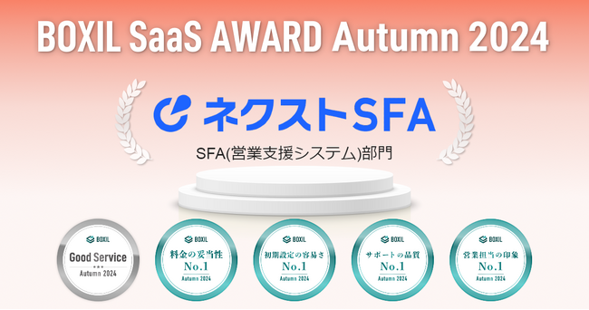 ネクストSFAが「BOXIL SaaS AWARD Autumn 2024」のSFA(営業支援システム)部門で「Good Service」ほか4つのNo.1に選出