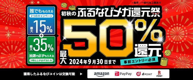 合計最大50％分の「ふるなびコイン」が還元される3つのキャンペーン「ふるなびメガ還元祭」を開始！