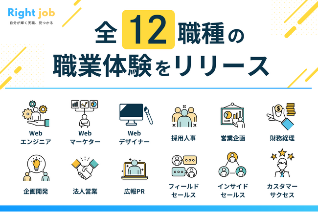 職業体験で天職が見つかる「Right job」、人気のインサイドセールスやカスタマーサクセスなど新たに7種の職業を拡充し、全12職種から選択が可能に。