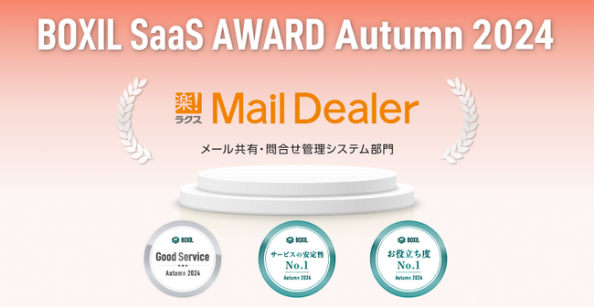 ラクスが提供する「メールディーラー」が、「BOXIL SaaS AWARD Autumn 2024」メール共有・問合せ管理システム部門で「Good Service」ほか2つのNo.1に選出