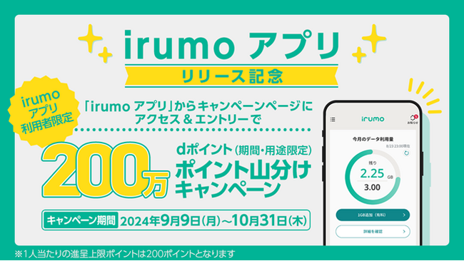 「『irumo アプリ』リリース記念！200万ポイント山分けキャンペーン！」を開催