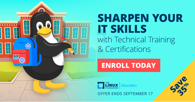 LFトレーニングと認定でITスキルを磨こう！トレーニング、認定試験、バンドル、SkillCredが35%割引に ー 9月のキャンペーン 9月18日8:59AM (日本時間) まで