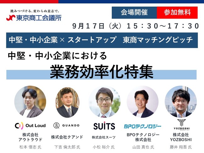 経営支援クラウド「スーツアップ」を提供する株式会社スーツが、東京商工会議所で開催「中堅・中小企業×スタートアップ 東商マッチングピッチ」に登壇