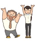 受賞にあたり、たなさんが描き下ろした「バンザイ」のイラスト 左:ひーさん、右:はーさん 受賞にあたり、たなさんが描き下ろした「バンザイ」のイラスト 左:ひーさん、右:はーさん