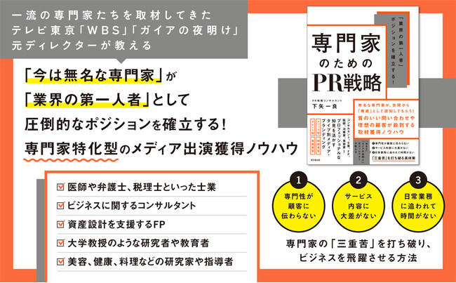 医師、弁護士、税理士、社労士などの士業、コンサルタント、ファイナンシャルプランナー、治療家、料理研究家といった専門家のためのPR専門書『専門家のためのPR戦略』が今月20日に発売