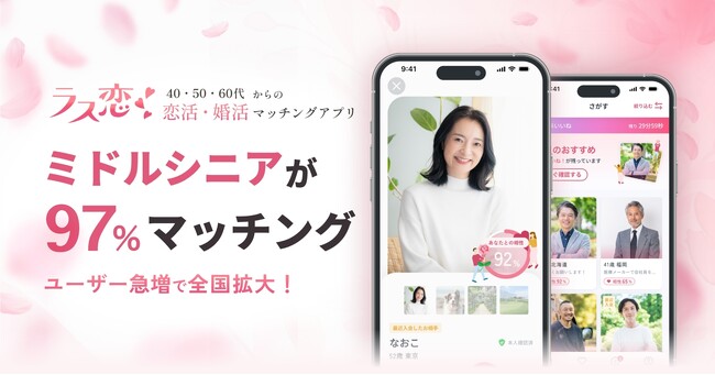 1ヶ月以内に97%がマッチング！ミドルシニアの恋活・婚活アプリ「ラス恋」、ユーザー急増で提供地域を全国へ拡大！
