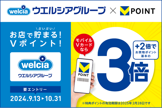 【ウエルシアグループ で Vポイントがぶいぶい貯まる！】モバイルVカード提示 で Vポイントが 3倍になるキャンペーンを 開催！