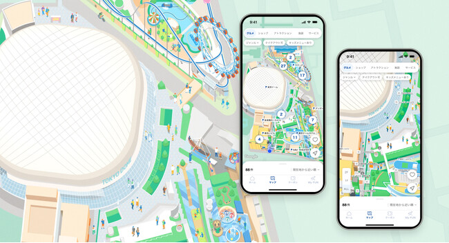 モンスターラボ開発の『東京ドームシティアプリ』、GPSと連動したイラストマップを追加実装