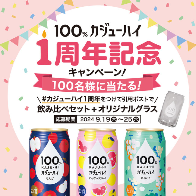 【オリジナルグラス付き 飲み比べセットが100名に当たる】100%カジューハイ１周年記念キャンペーン