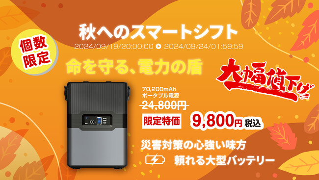 楽天「Show !t」本日20:00より楽天お買い物マラソンに参加します。緊急時や災害時に備えるポータブル電源を数量限定で15,000円引き60%オフにてご提供。命を守る電力の盾、この機会に是非。