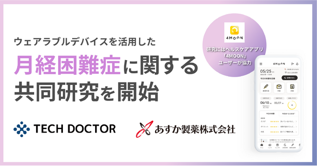 テックドクターとあすか製薬、ヘルスケアアプリ『4MOON』協力のもと、月経に伴う症状に関する共同研究を開始