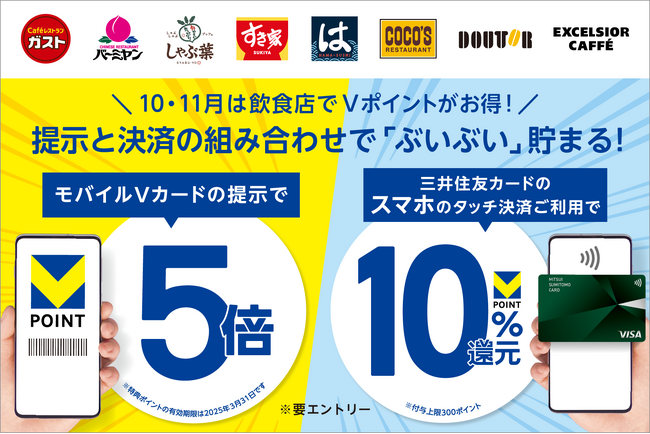 【10月・11月は飲食店でVポイントがぶいぶい貯まる！】「モバイルVカード提示」で5倍＆「三井住友カードのスマホのタッチ決済」で最大10％還元されるダブルキャンペーンを開催！