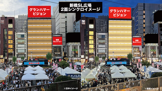 111平方メートル の特大屋外大型ビジョン『グランハマービジョン』が新橋SL広場に誕生！ エリア初の『2面シンクロプラン』も登場！！