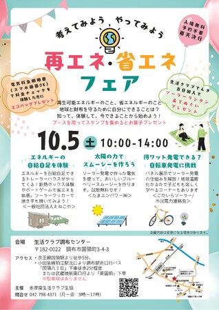 考えてみよう・やってみよう「再エネ・省エネフェア」生活クラブ調布センターで10/5（土）開催