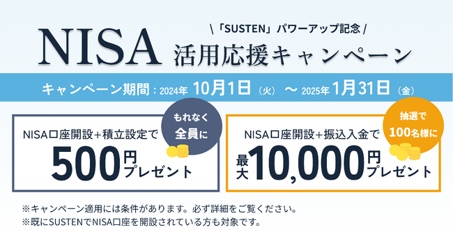 【最大10,500円プレゼント】資産運用の自動化サービス『SUSTEN（サステン）』、NISA活用応援キャンペーンを開始