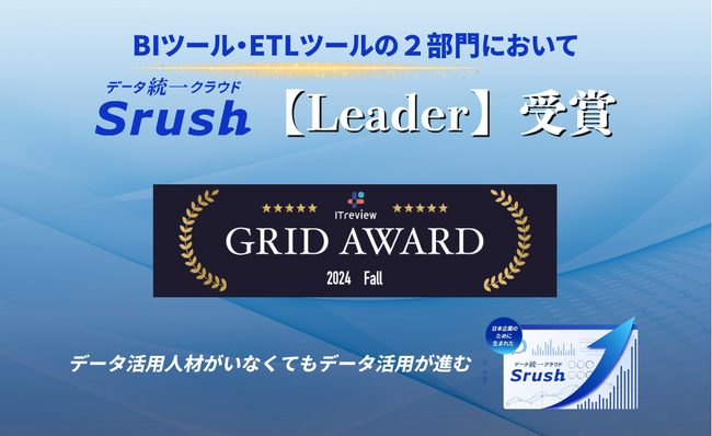 データ統一クラウド「Srush」が、「ITreview Grid Award 2024 Fall」において２部門（BI ツール／ETLツール）で【Leader】を受賞