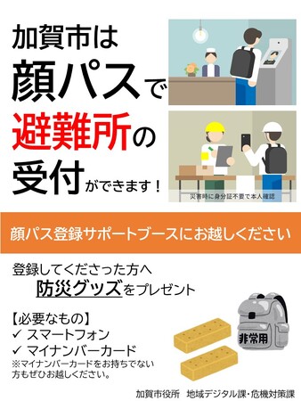 避難所マイナンバーカード受付予行演習および「顔ダケ」で避難受付体験・登録サポートブースを出展