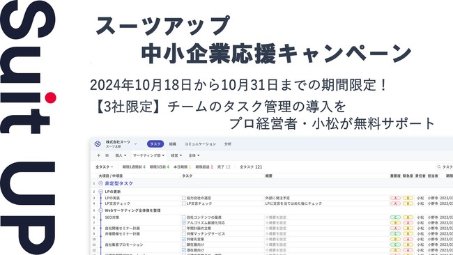 経営支援クラウド「Suit UP」（スーツアップ）、中小企業（社員数50名～100名以内）経営者応援キャンペーン