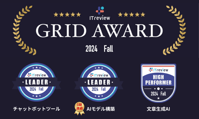 カサナレ、「ITreview Grid Award 2024 Fall」にて2部門で最高位である「Leader」を受賞、文章生成AI部門で「High Performer」を受賞