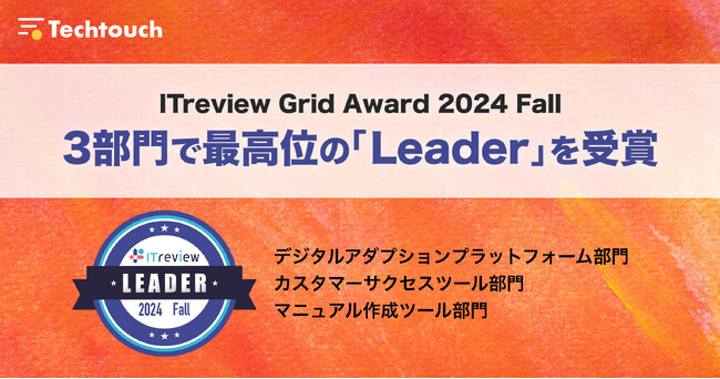 テックタッチ、「ITreview Grid Award 2024 Fall」最高位である「Leader」を2部門で7期連続受賞