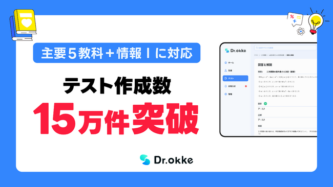 「先生に寄り添う教育ICTツール」Dr.okke がテスト作成数15万件を突破。主要5教科と情報Iにも対応し、先生方の強力な右腕に。