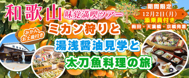 和歌山味覚満喫ツアー：お土産付き！！ミカン狩りと湯浅醤油見学と太刀魚料理の旅12月2日(月)〈梅田・天満橋・京橋発着〉お一人様11,300円！〈添乗員付き〉日帰りバスツアー